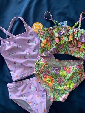 2 Bikinis Swimwear Girl size 4 Colorful Floral and Unicorn Print